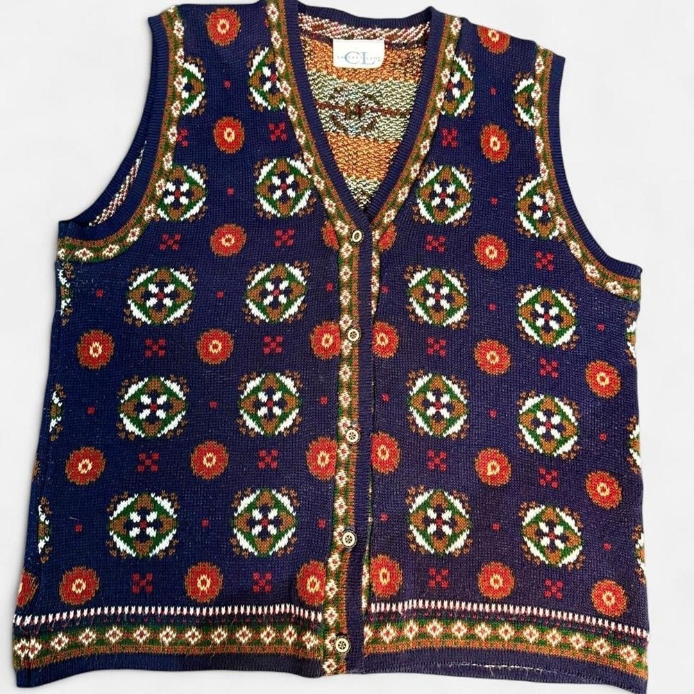 Cricket Lane Vintage Geometric Medallion Sweater Vest Women Large Navy Blue